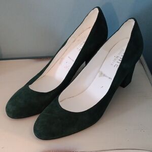 & Ron White Deep Green Suede Block Heel Pumps